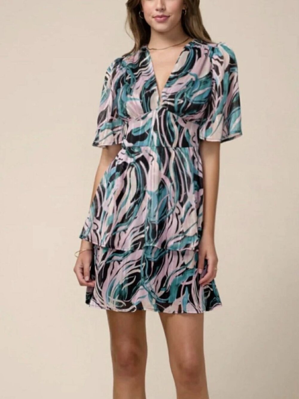 Adelyn Rae Jungle Printed Flutter Sleeve V-neck Chiffon Mini Dress size Small